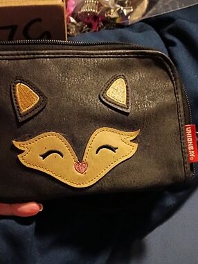 UNIONBAY Black Faux Leather Fox Face Makeup Bag
